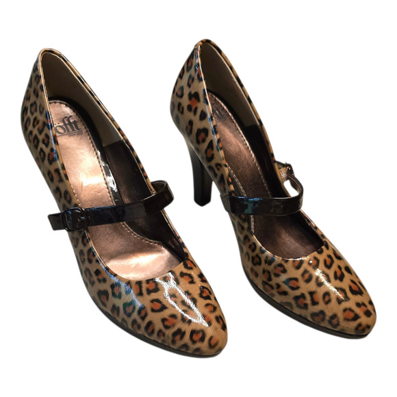 Sofft Mary Jane Heel Pump Womens Patent Leather 9M Leopard Print 4" Rockabilly - Picture 1 of 11